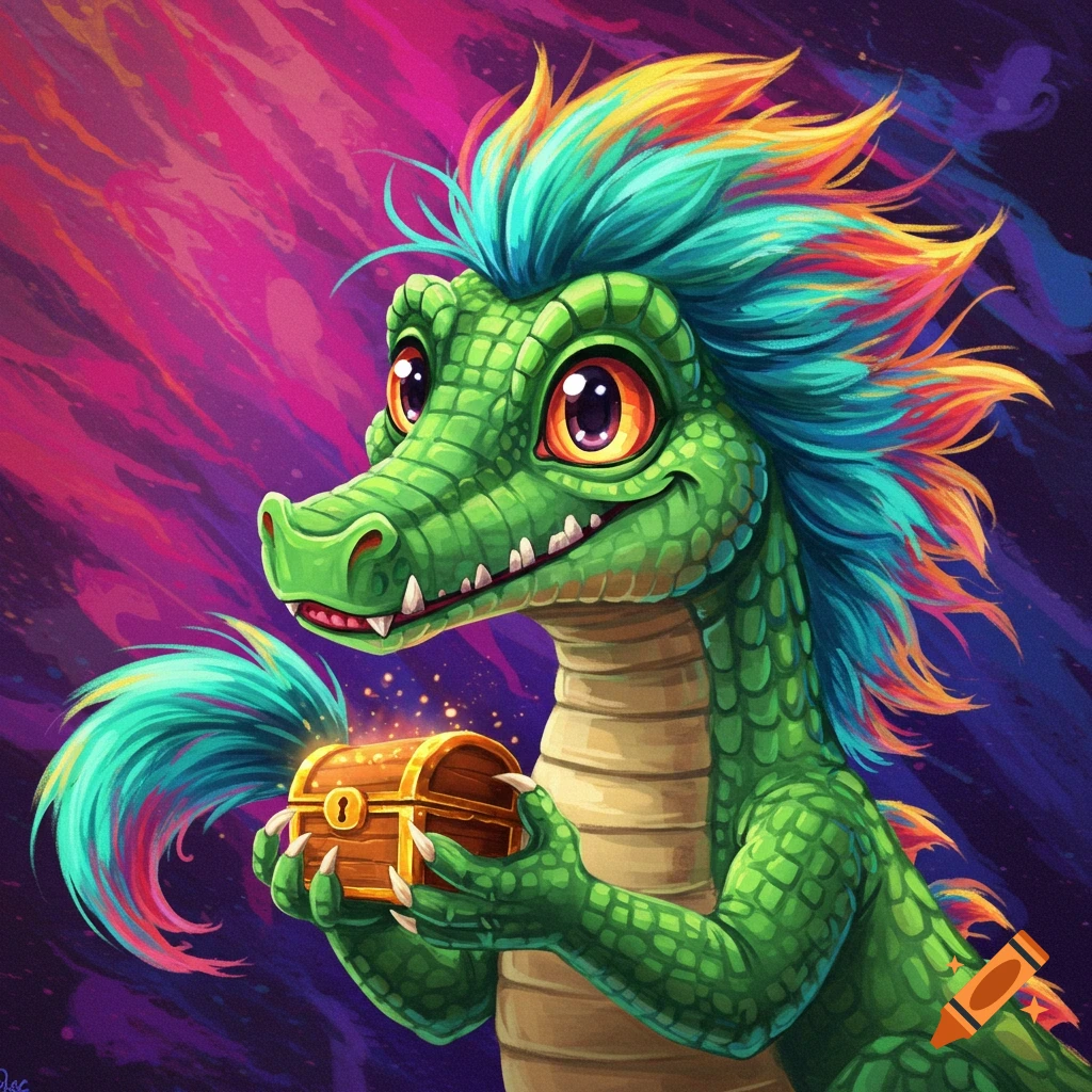 A vibrant depiction of a cute cartoon crocodile character with a colorful mane holding a glowing treasure chest.