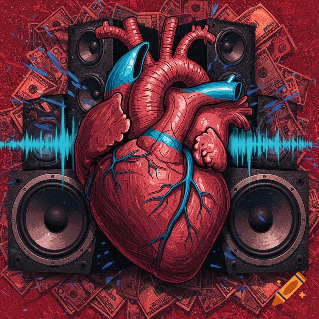 Illustration of a stylized human heart surrounded by speakers, sound waves, and dollar bills