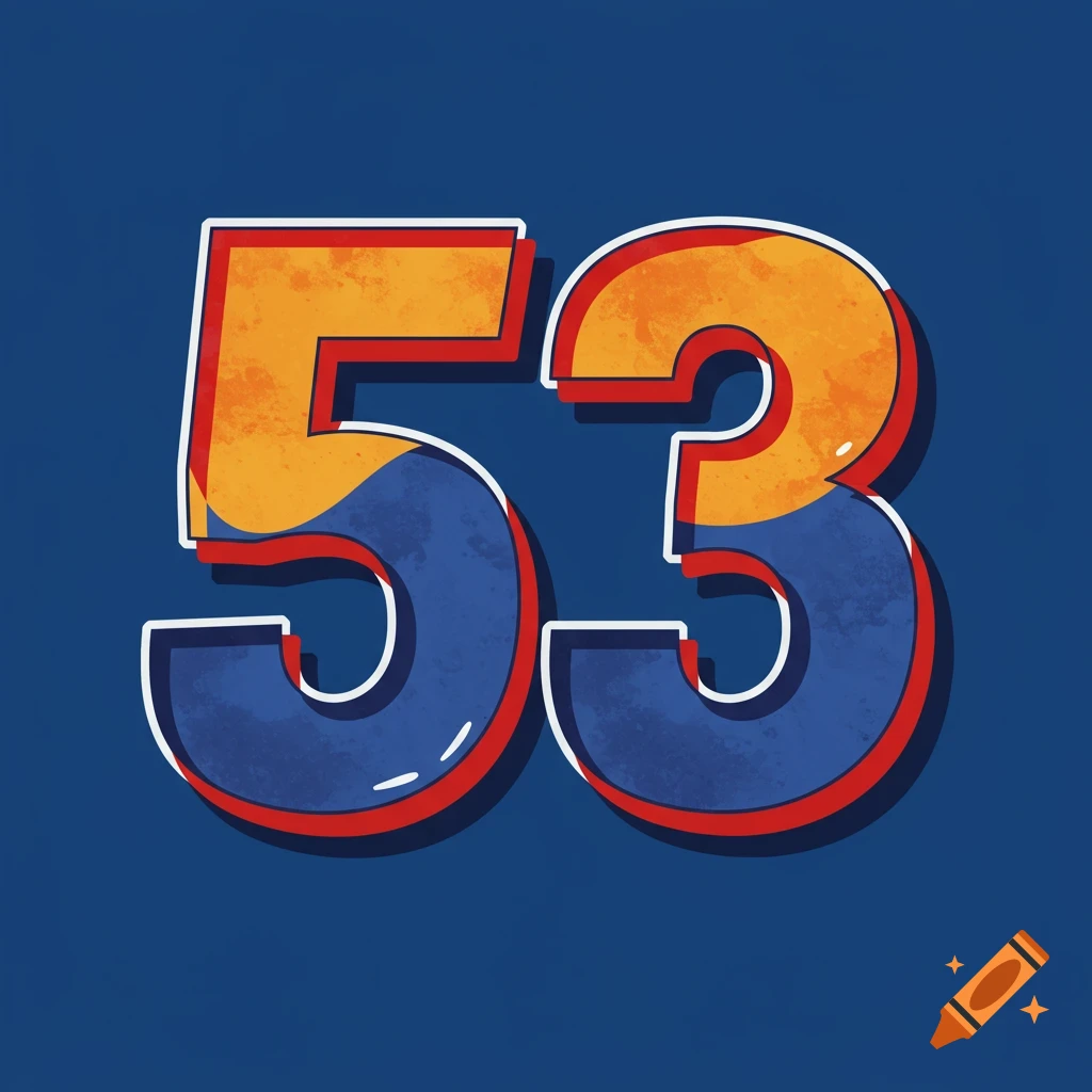 Stylized bold number 53 in orange and blue with white outline and red shadow on a dark blue background.