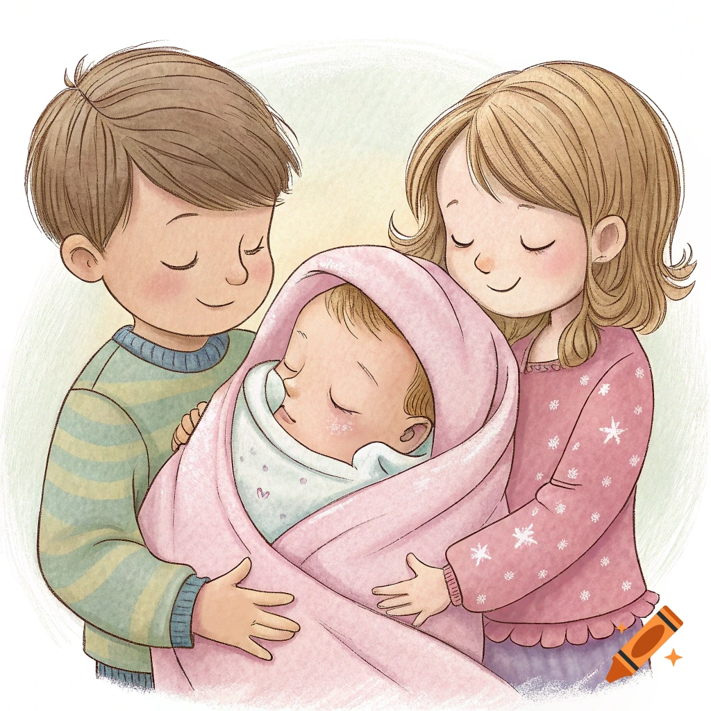Illustration of a boy and girl smiling while holding a sleeping baby wrapped in a pink blanket.