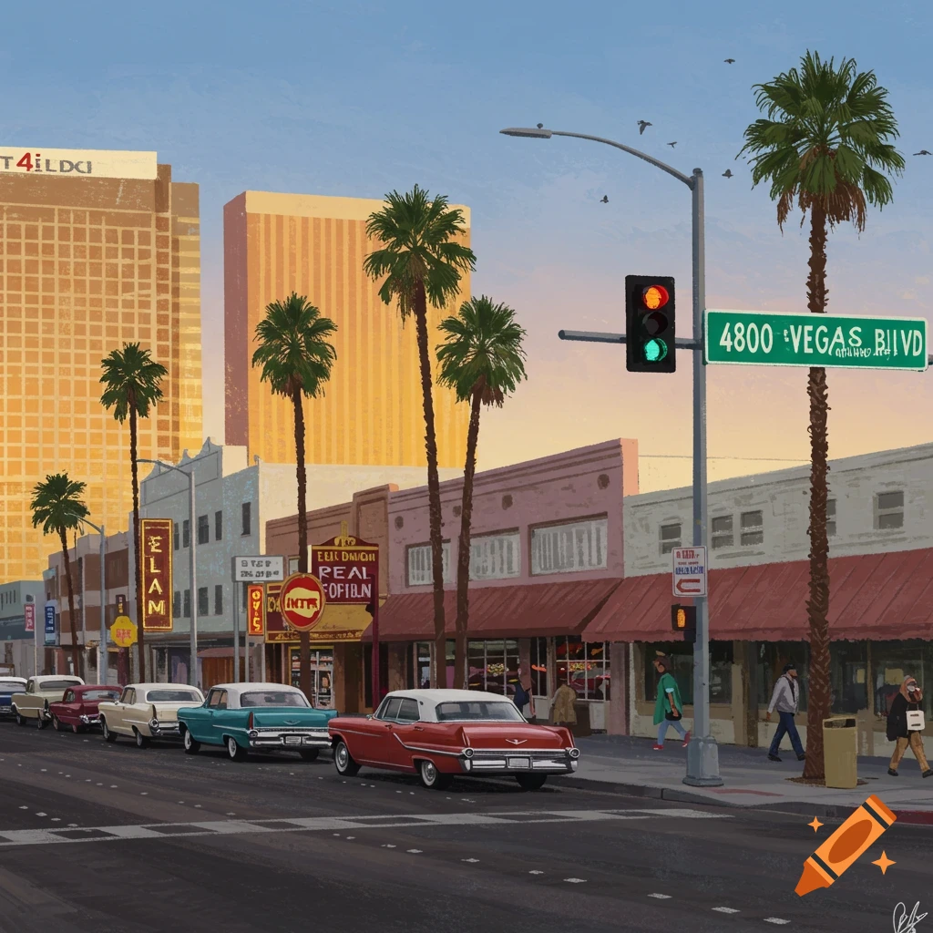 A retro Las Vegas street scene with vintage cars, buildings, and palm trees.
