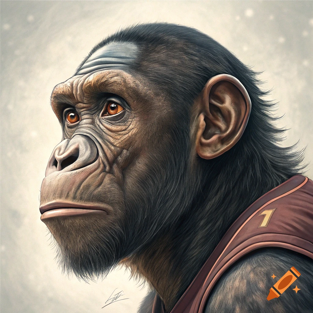 A detailed portrait of a chimpanzee wearing a reddish-brown sports jersey with the number 1.