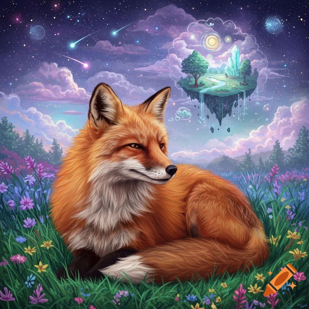 A fox in a flower field with a floating island and starry night sky
