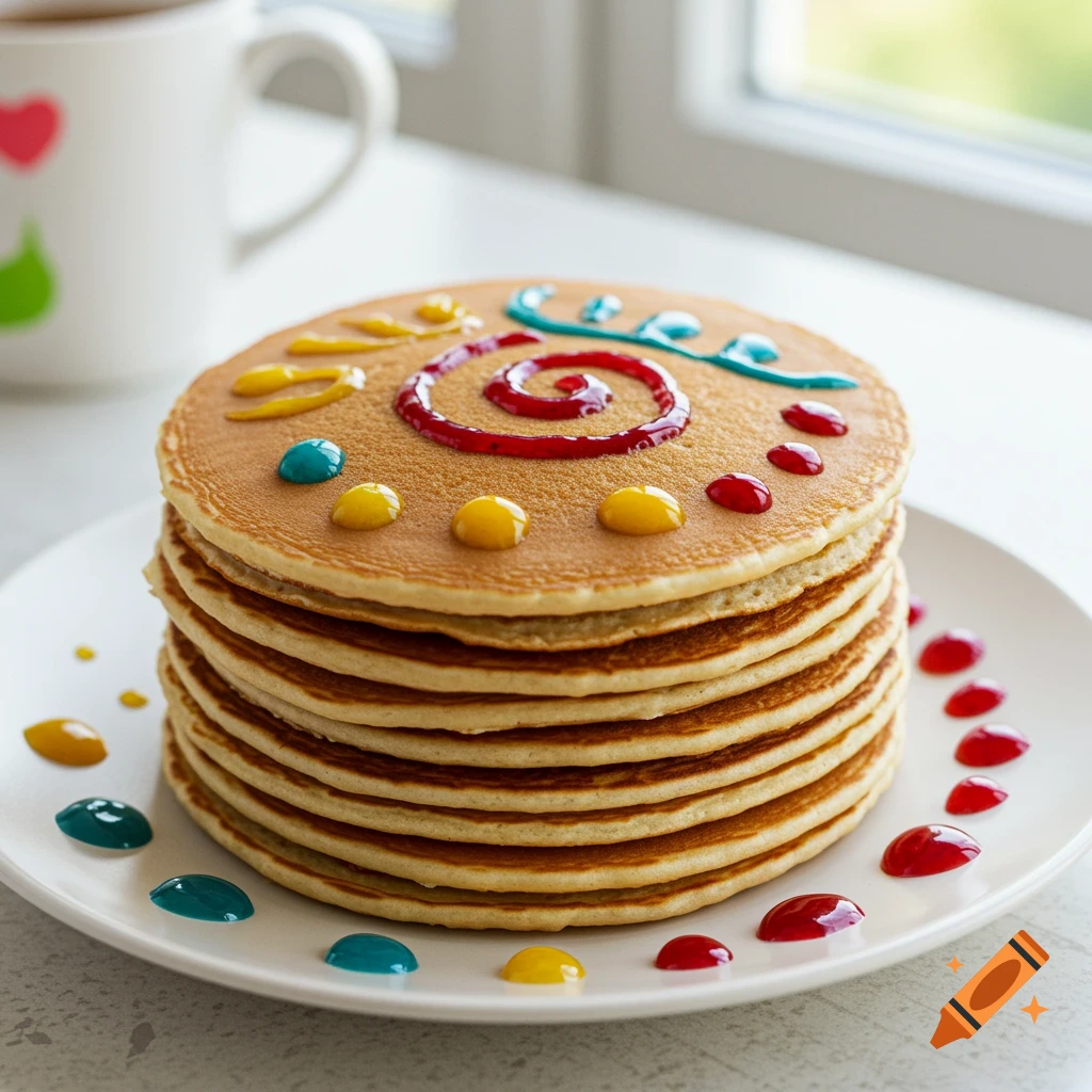 Stack of pancakes decorated with colorful swirls and dots of food spread