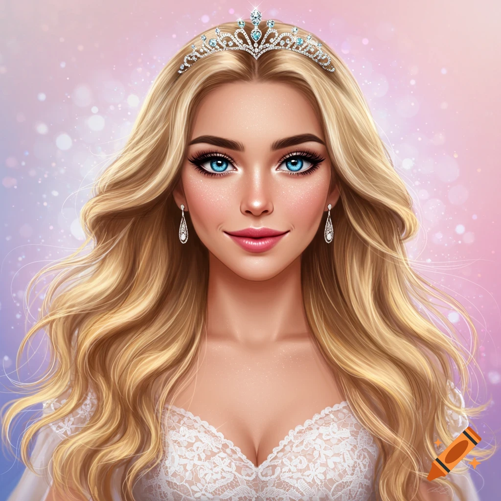 Portrait of a beautiful woman with blonde hair, blue eyes, wearing a tiara and white lace dress.