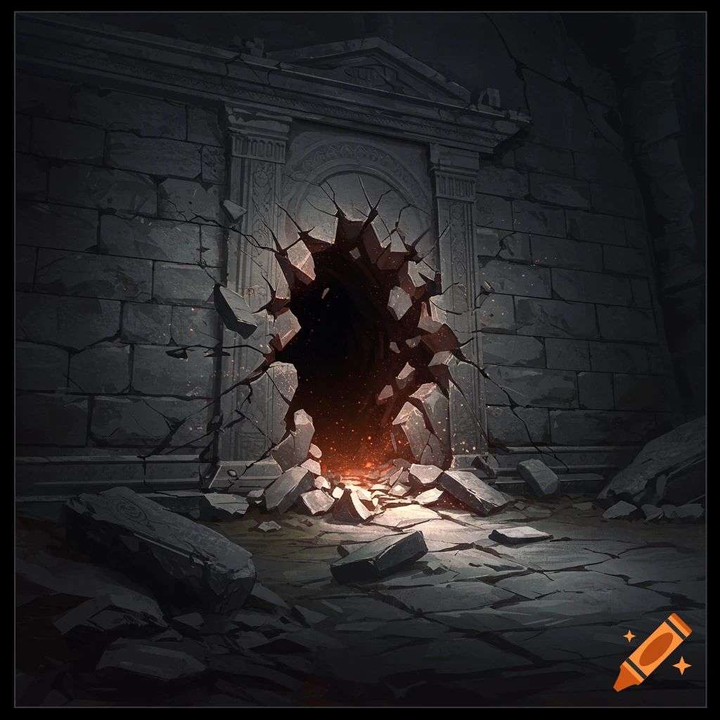 A dark stone tomb with a hole blown through the door, revealing a glowing opening inside.