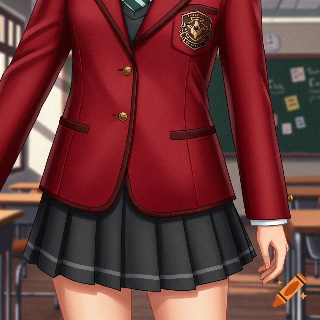 Close-up of a person in an anime style red school blazer and gray pleated skirt.