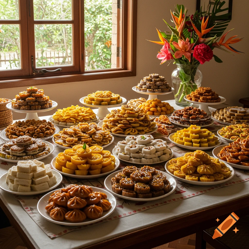 A table laden with various Sri Lankan desserts.