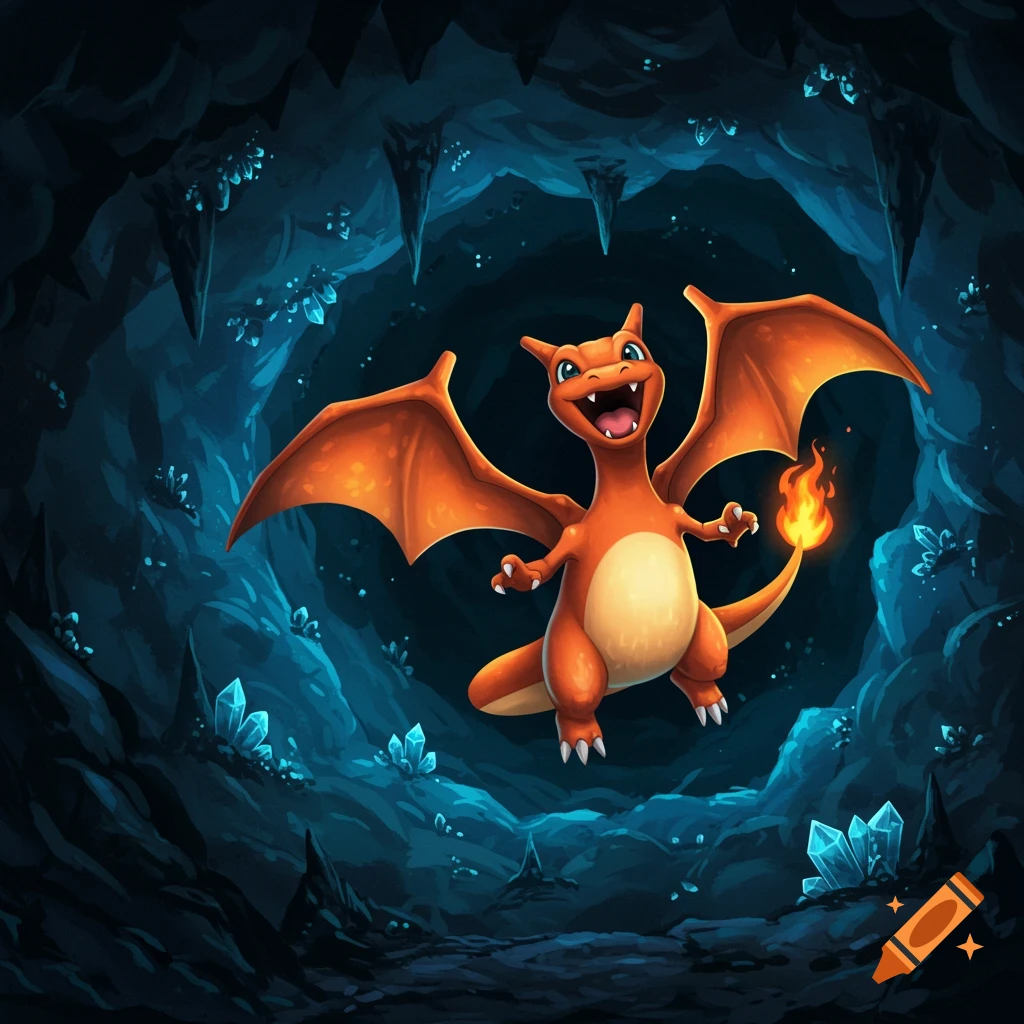 A joyful Charizard flies through a dark cave filled with glowing crystals.