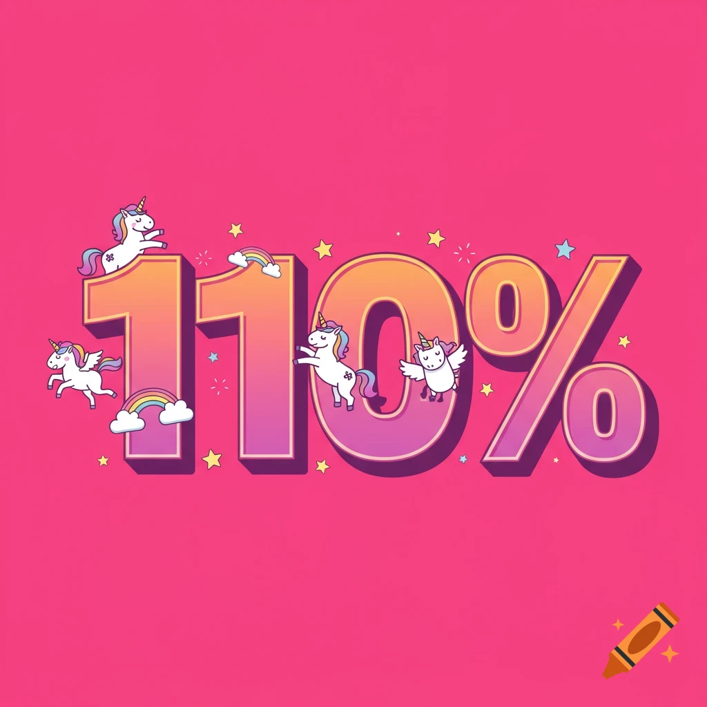 Pink background with large 110% numbers decorated with cartoon unicorns, rainbows, and stars.