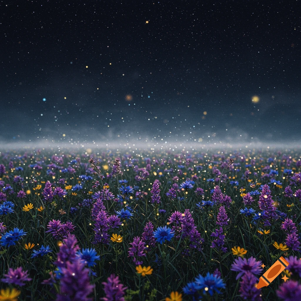 A painterly field of purple, blue, and yellow flowers at night under a starry sky, with glowing particles floating above.