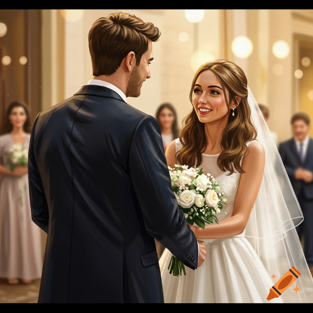 A bride and groom at their wedding ceremony, smiling at each other.