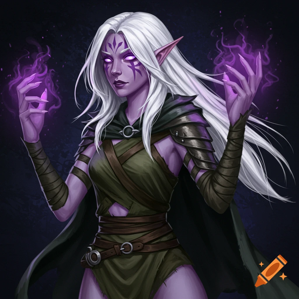A purple-skinned elf casting purple magic, with white hair and glowing eyes and markings.