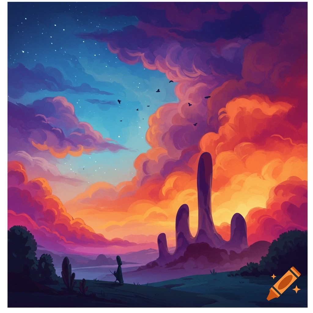 Stylized landscape with vibrant sunset clouds, abstract rock formations, and a lone figure.