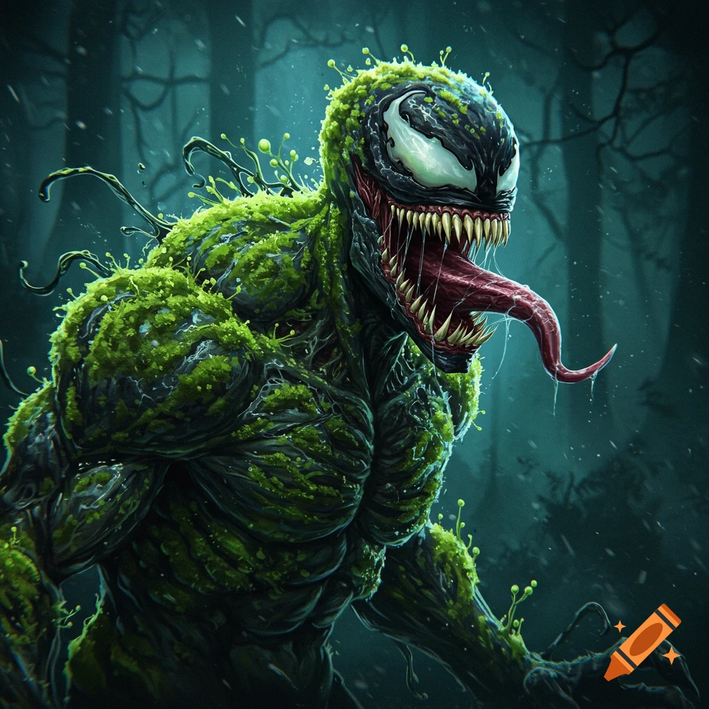 A monster resembling Venom, covered in green moss and fungus, with sharp teeth and a long tongue, in a forest.