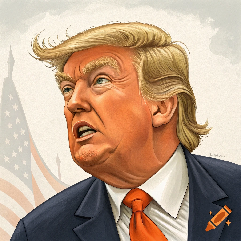 Caricature of Donald Trump with an American flag in the background.