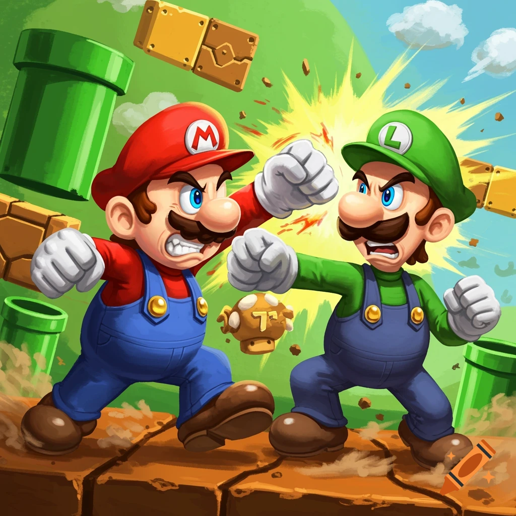 Cartoon illustration of Super Mario and Luigi punching each other in a classic game environment with pipes and platforms.