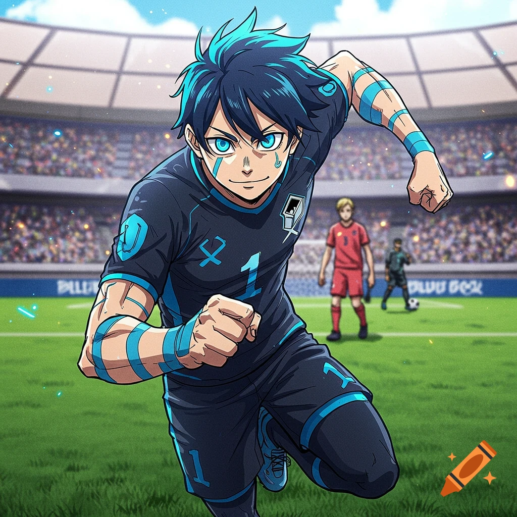 Anime style illustration of a soccer player running on a field in a stadium.
