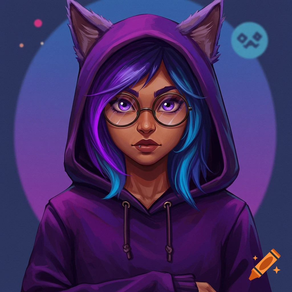A girl with purple and blue hair wears glasses and a purple hoodie with cat ears. The background is purple and blue.
