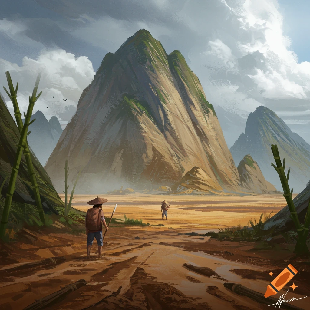 Two figures walk a muddy path towards a large mountain.