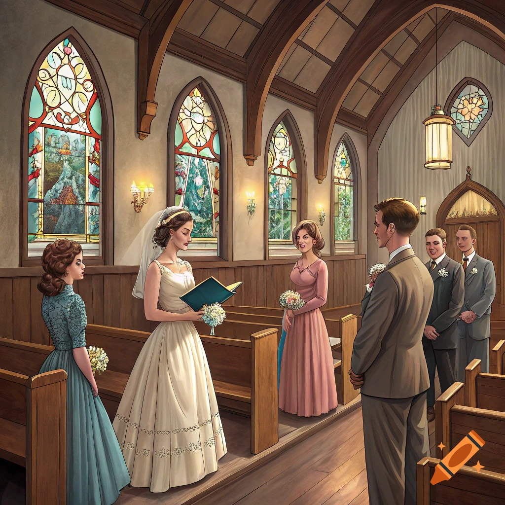 A wedding ceremony taking place inside a church with stained glass windows.