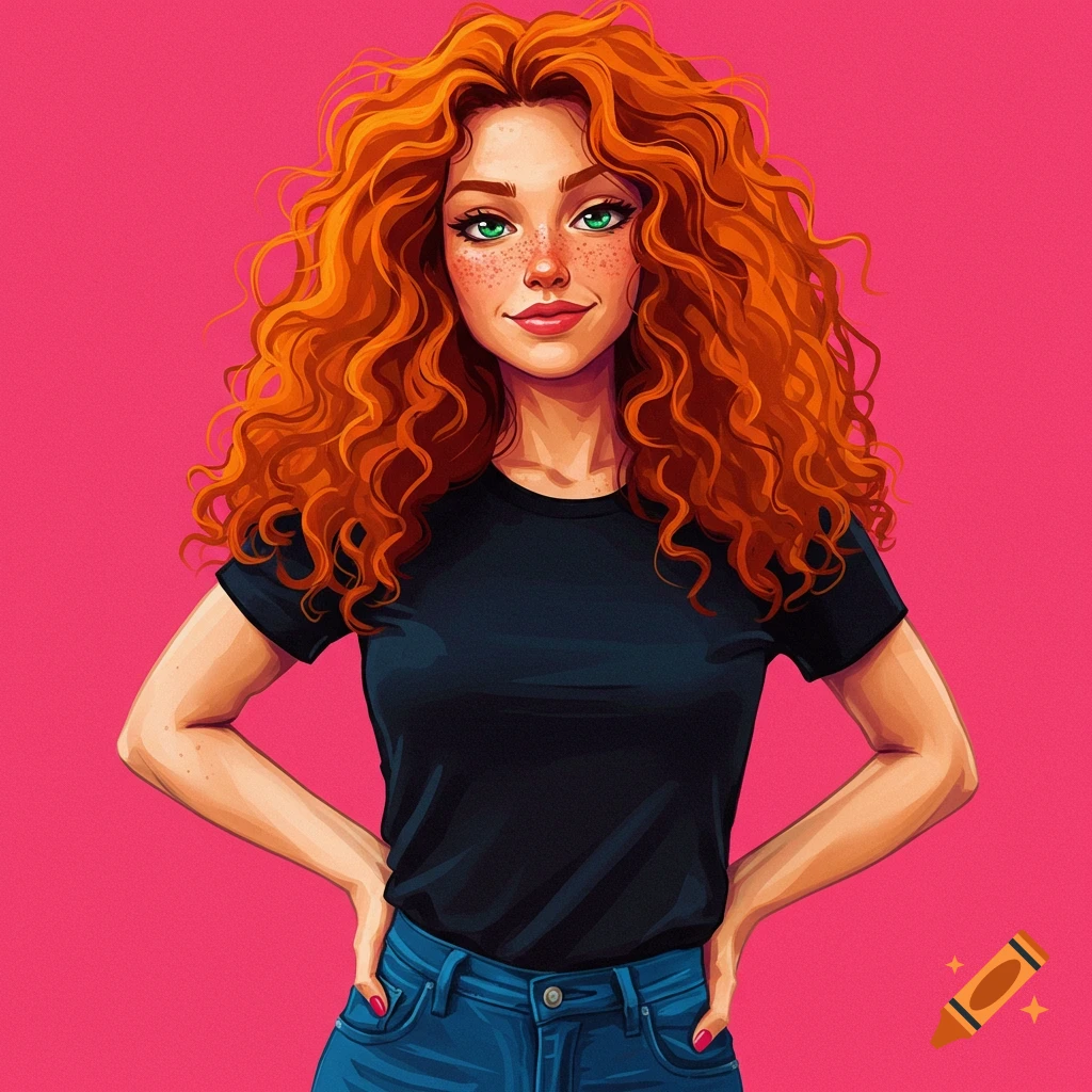 A woman with red curly hair, green eyes, and freckles, wearing a black t-shirt and blue jeans against a pink background.