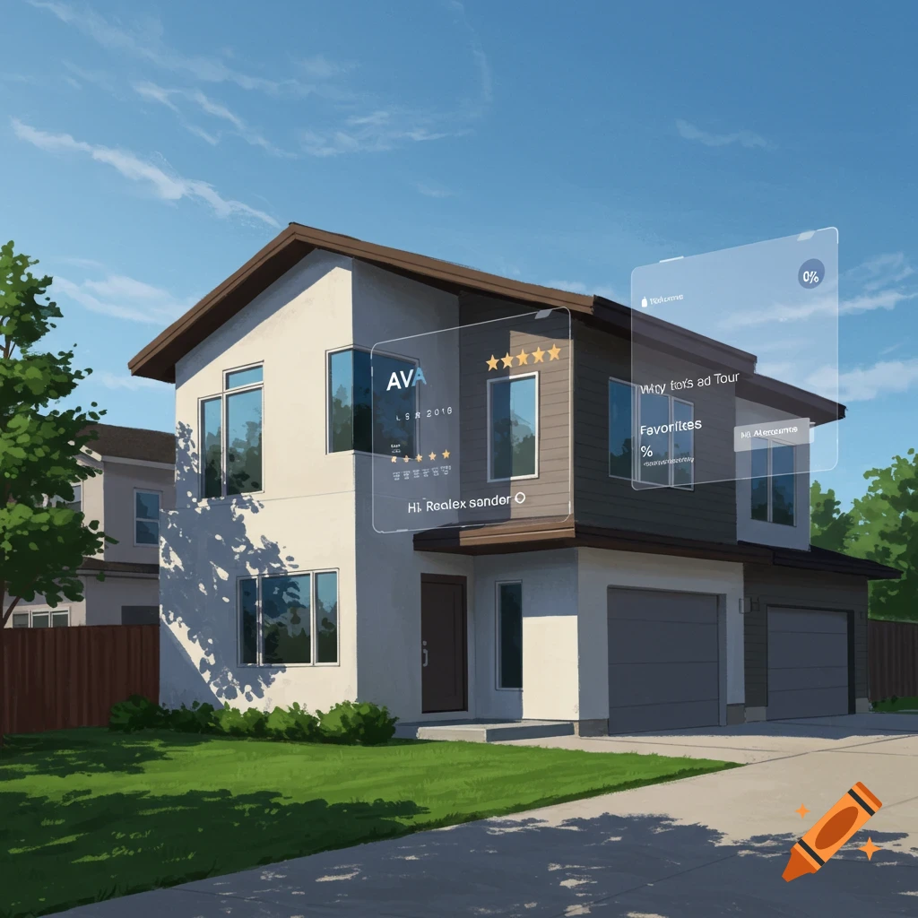 A modern house with floating translucent UI overlays showing star ratings, text, and symbols.