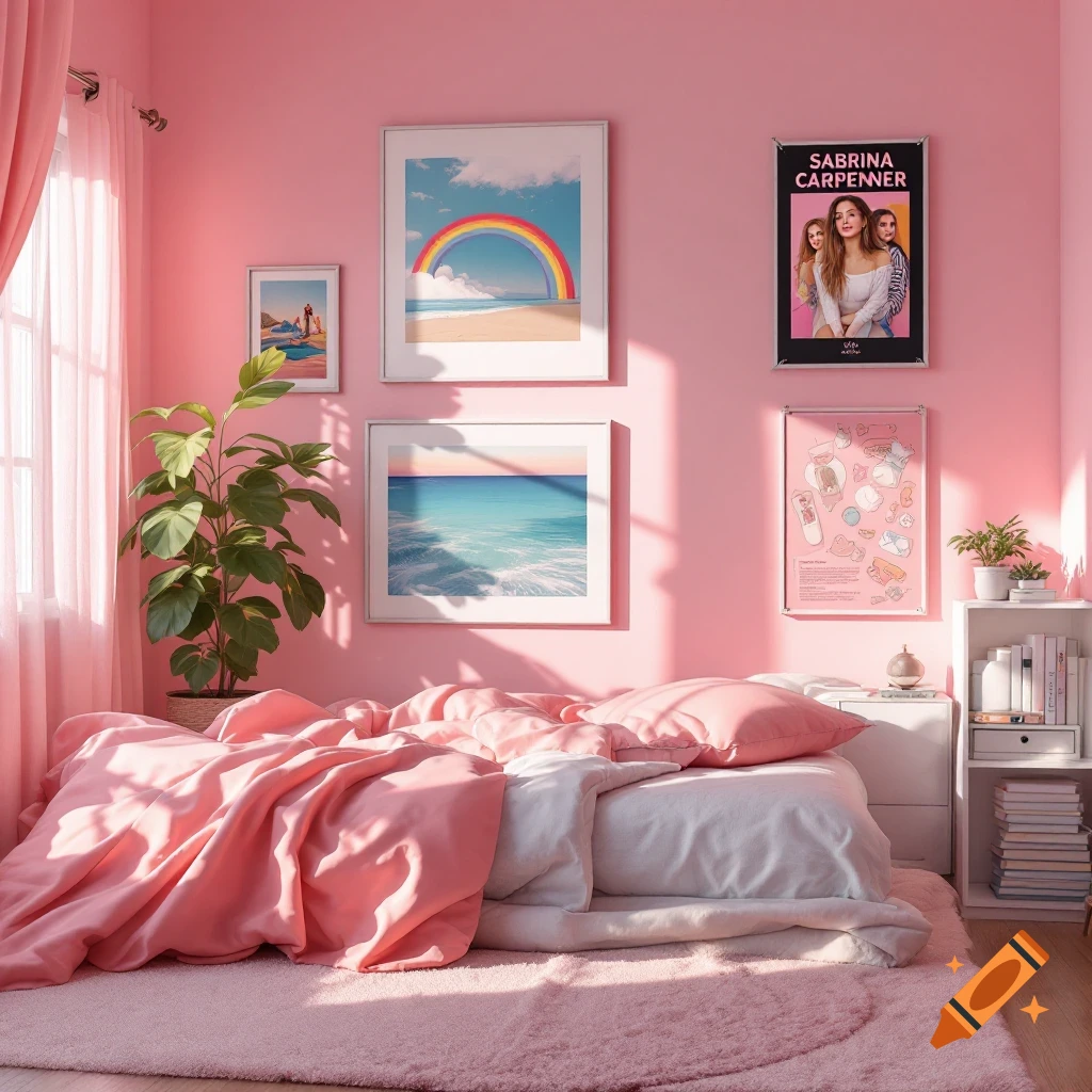 A pastel pink bedroom with a bed, rug, plant, bookshelf, and framed beach and portrait posters on the wall.