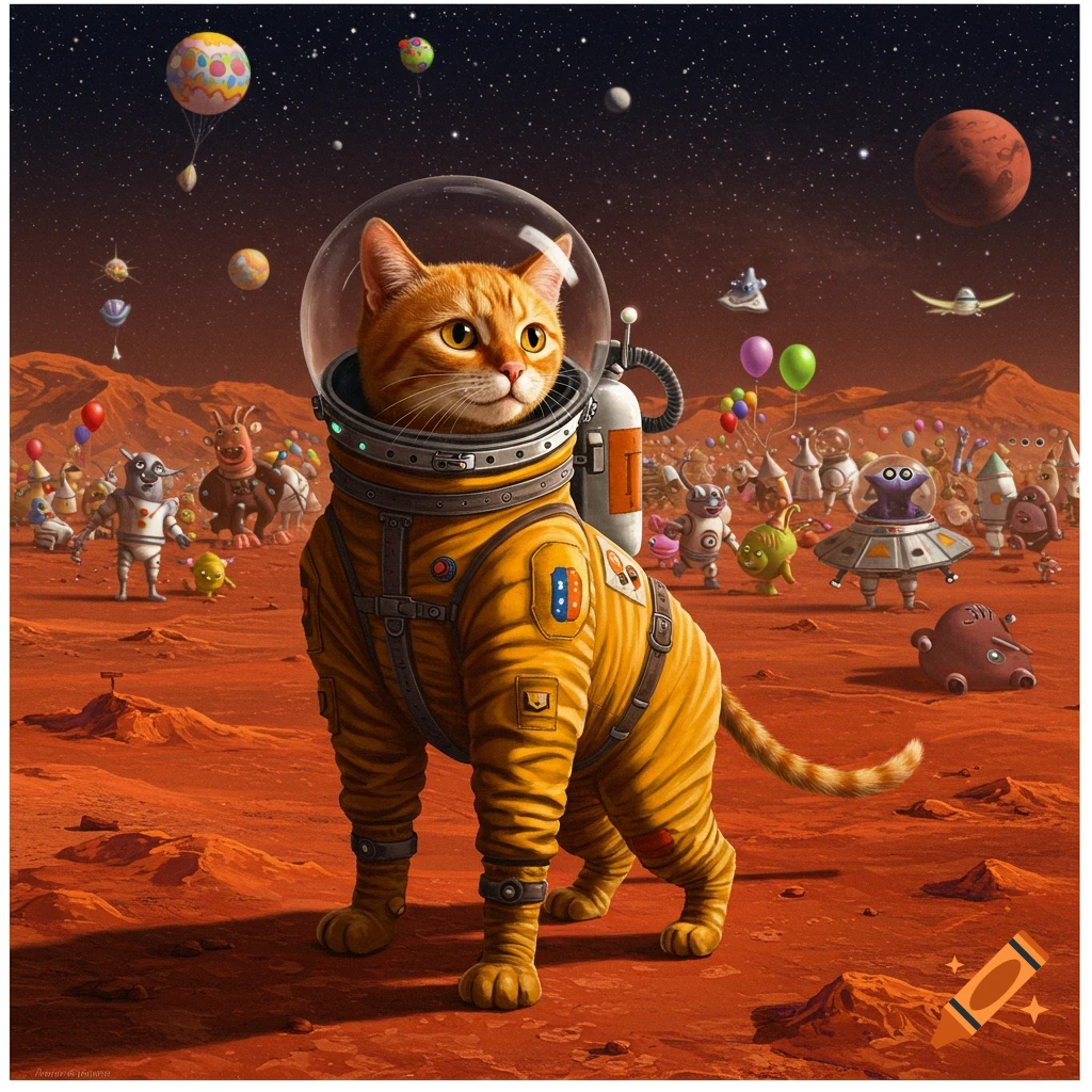 A cat in a yellow space suit stands on Mars with a party of aliens and robots in the background.