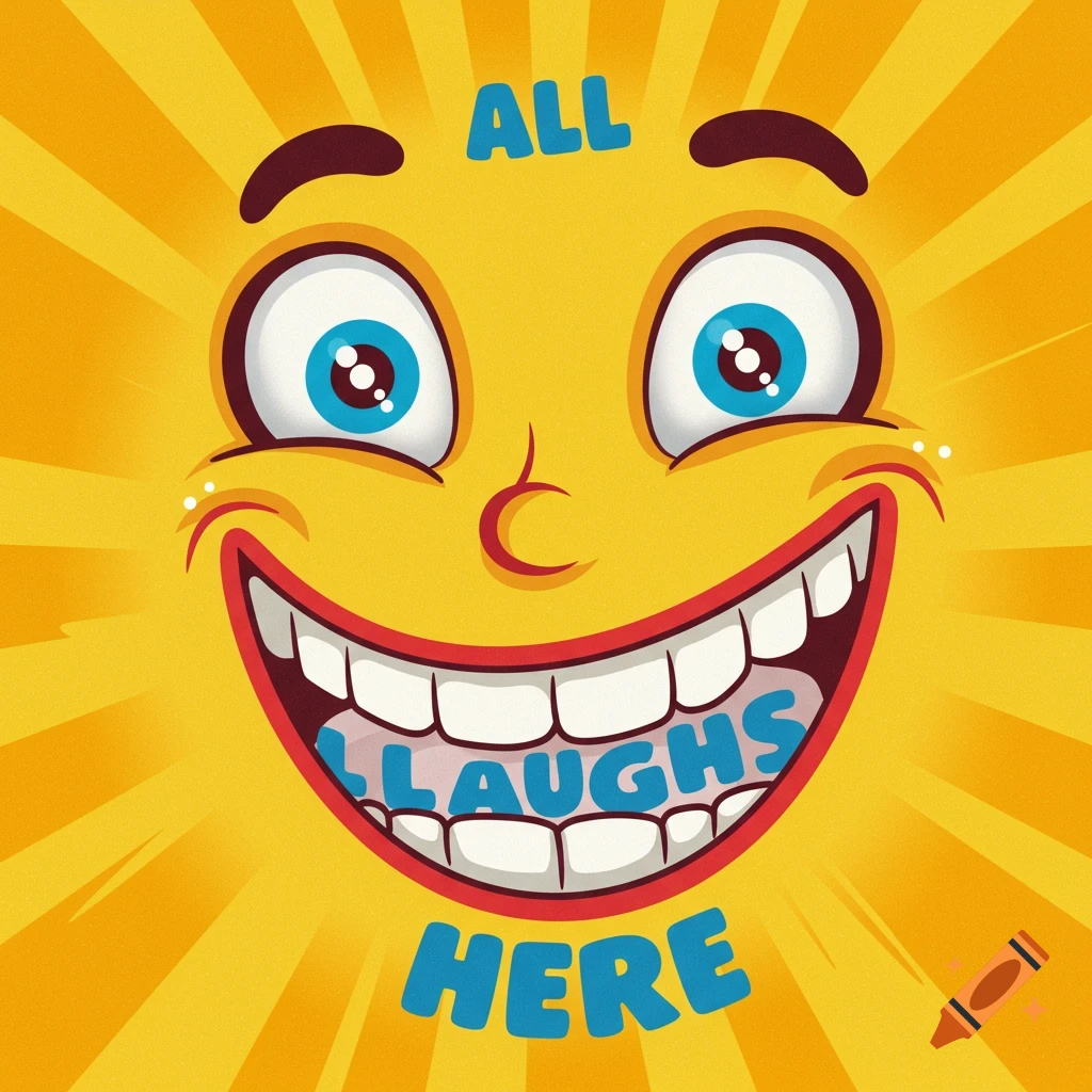 Cartoon face with a big smile and text ALL LAUGHS HERE
