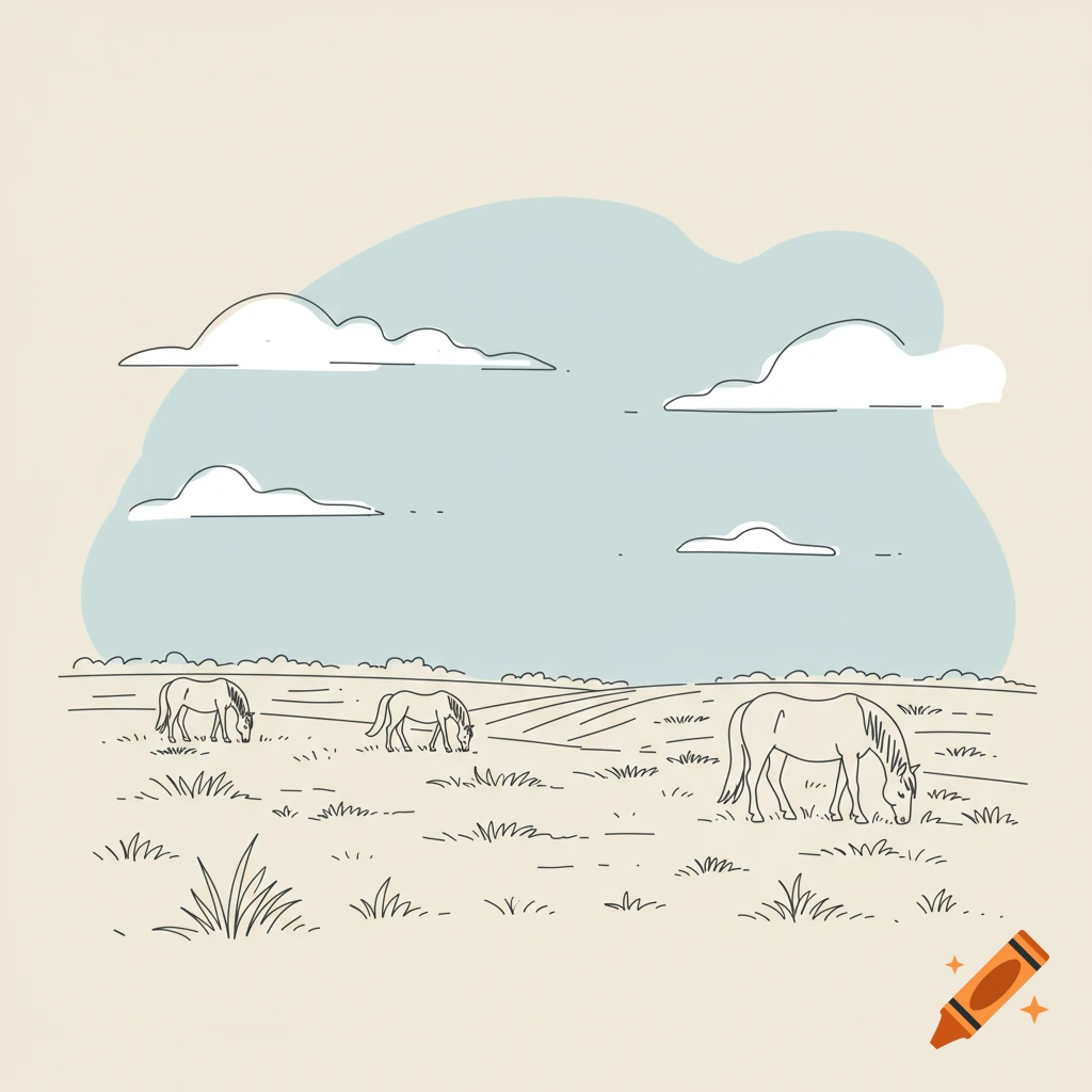Outline drawing of three horses grazing in a field under a cloudy sky.