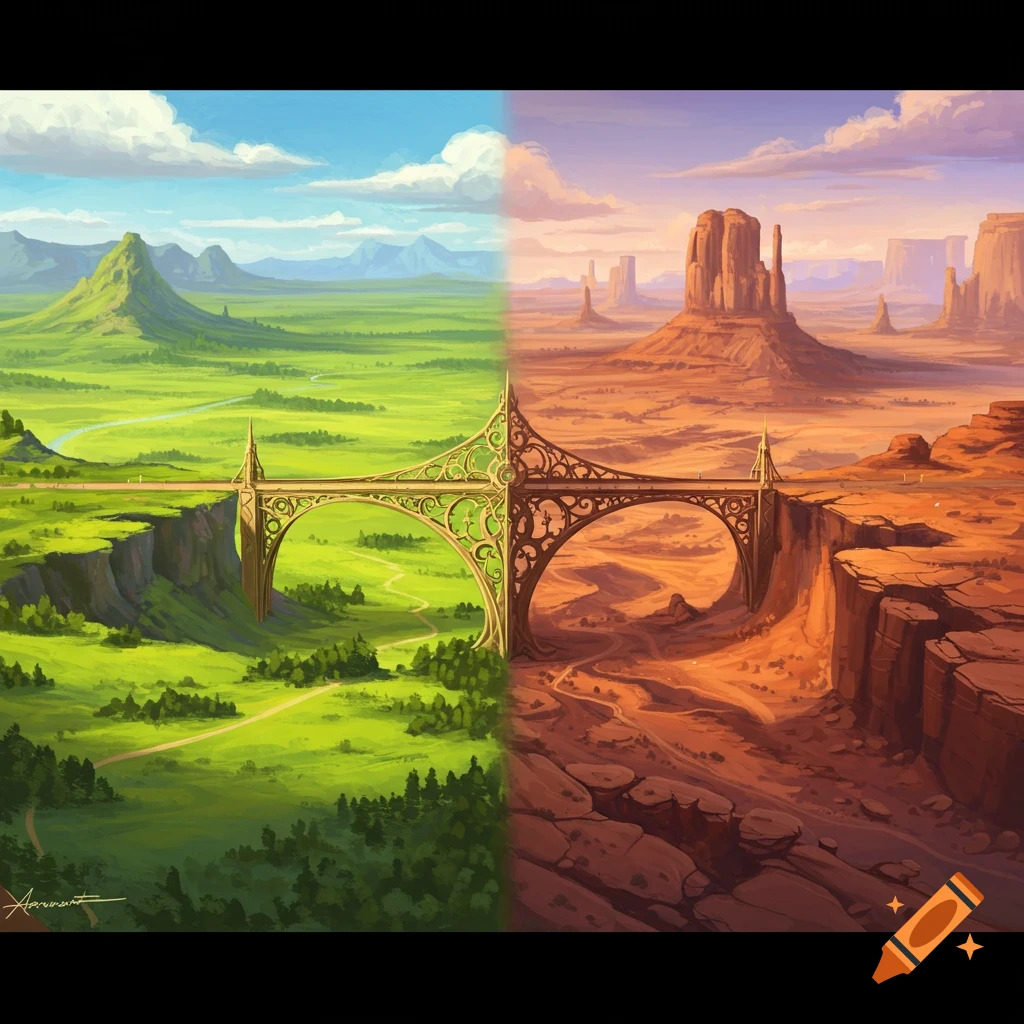 A bridge connecting a green, lush land and a desert land.
