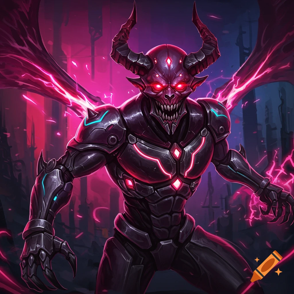 A dark, demonic robot with horns and glowing red eyes and pink energy wings.