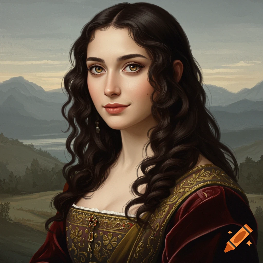 Painting of a woman in a historical dress with dark curly hair and hazel eyes, in an Old Masters style, with a landscape background.