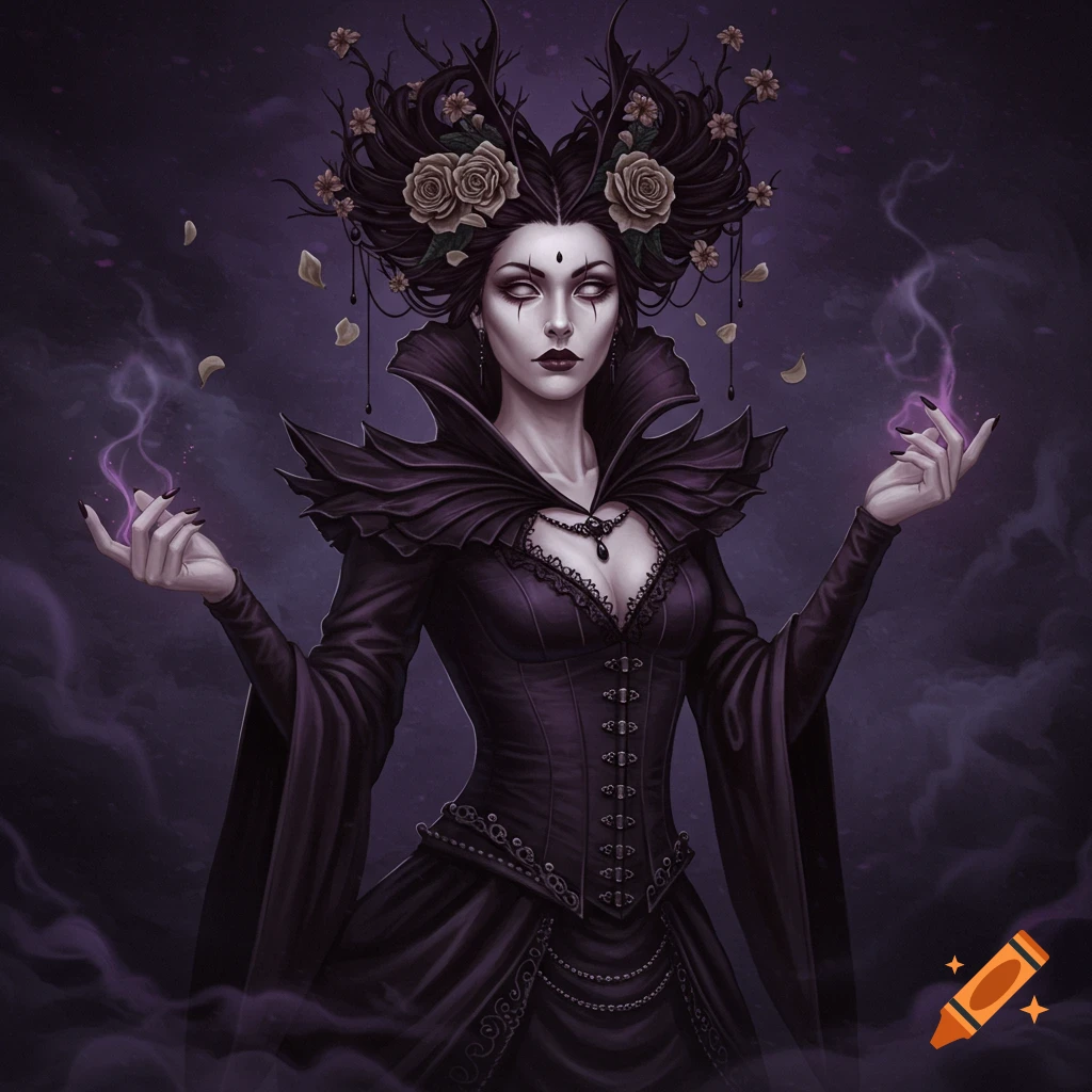 A dark fantasy sorceress with elaborate hair and a gothic dress, casting a spell with purple energy.