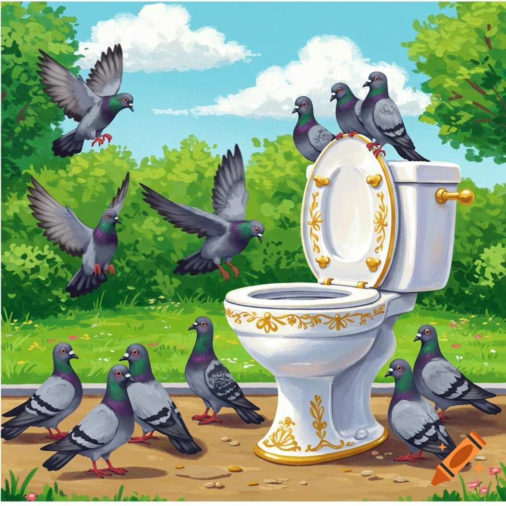 Pigeons gathering around and on a toilet in a park.