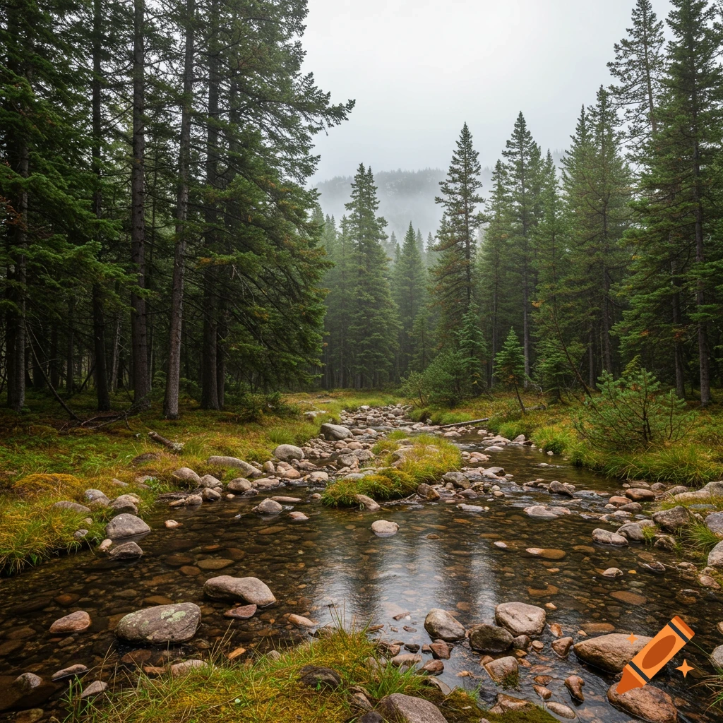 Rocky stream flows through a dense evergreen forest on a misty day.