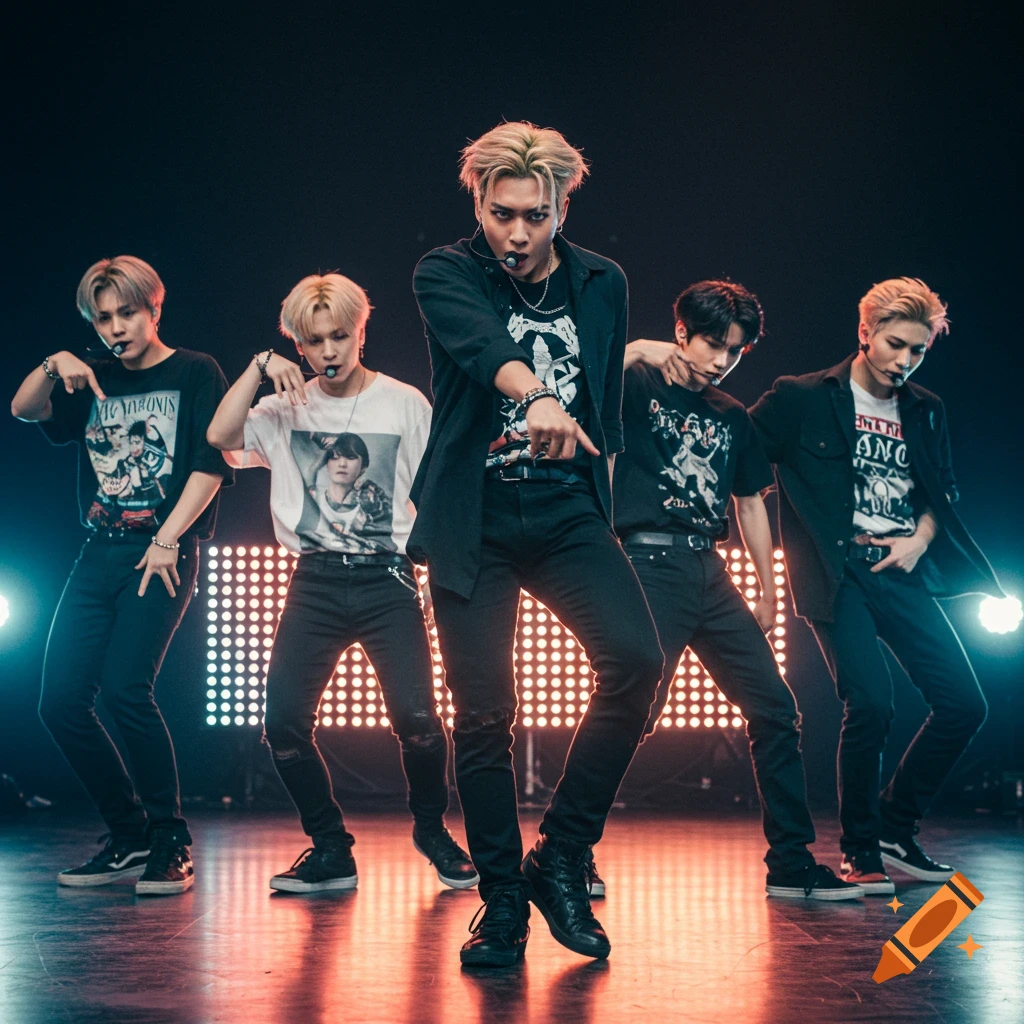 Five Kpop idols dance on a stage with bright lights behind them