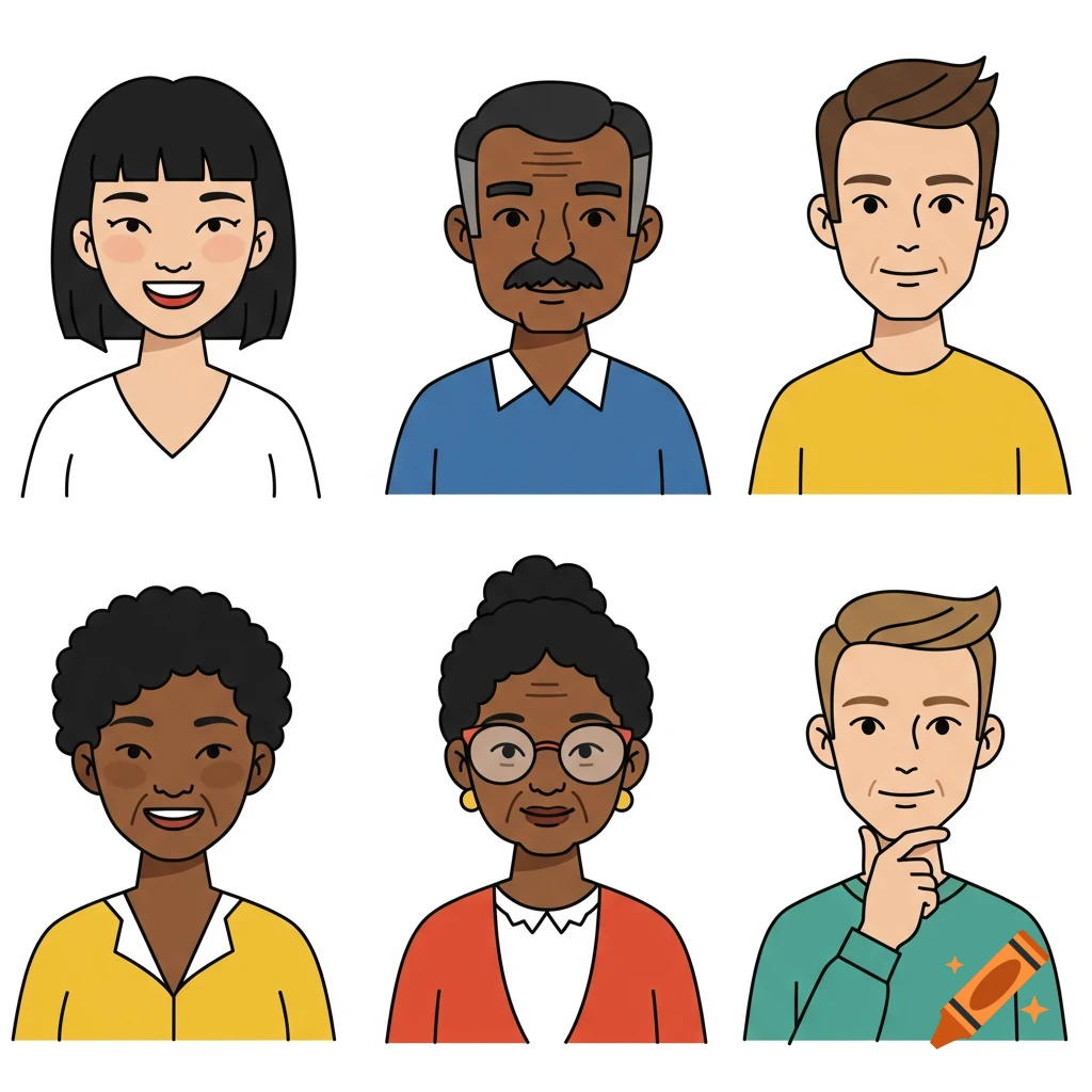 Six diverse cartoon portraits of people