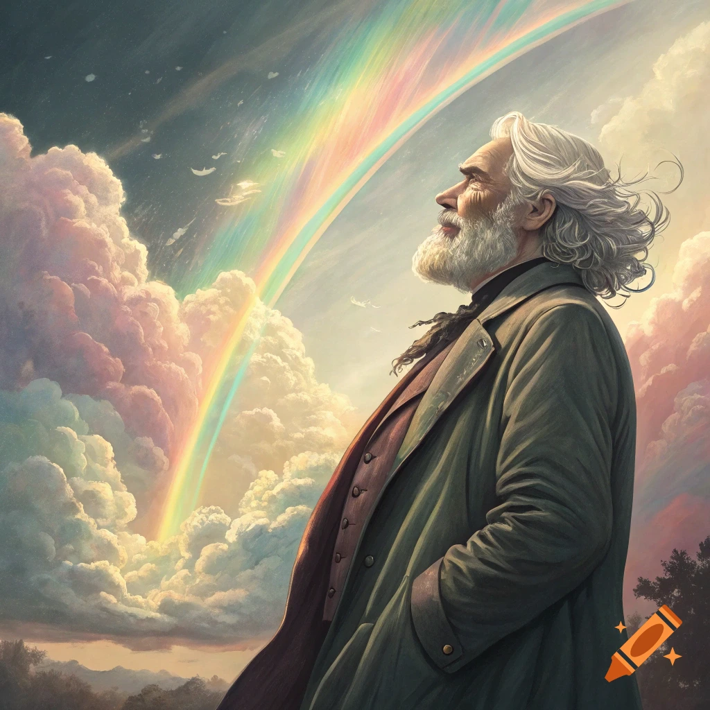A pensive old man with white hair and beard looks up at a vibrant rainbow in a cloudy sky, rendered in a painterly style.