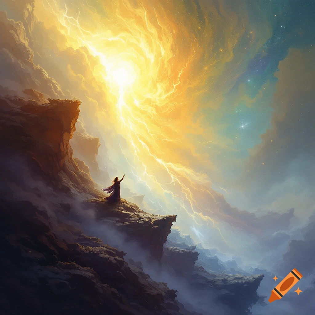 A figure on a cliff watches a swirling golden cosmic event in the sky.