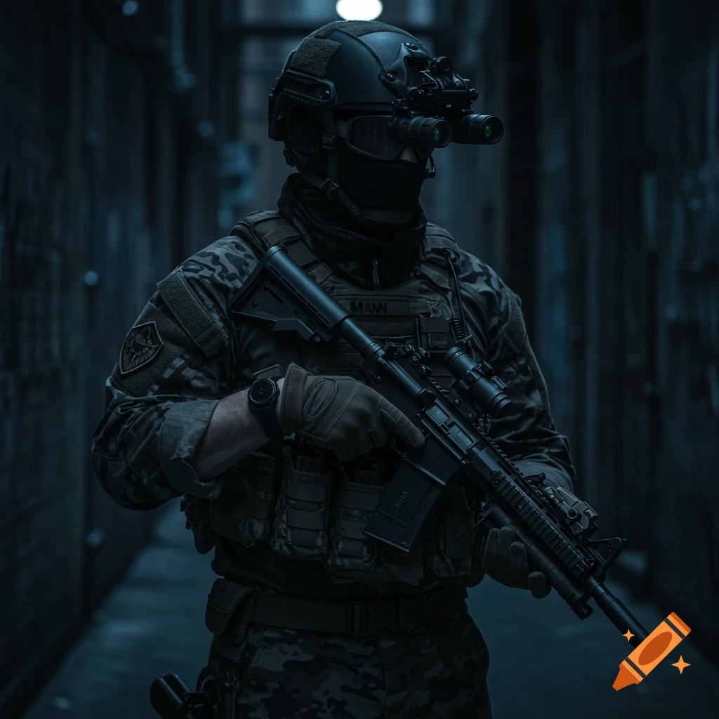 Tactical soldier wearing helmet, night vision goggles, and holding a rifle in a dark alley.