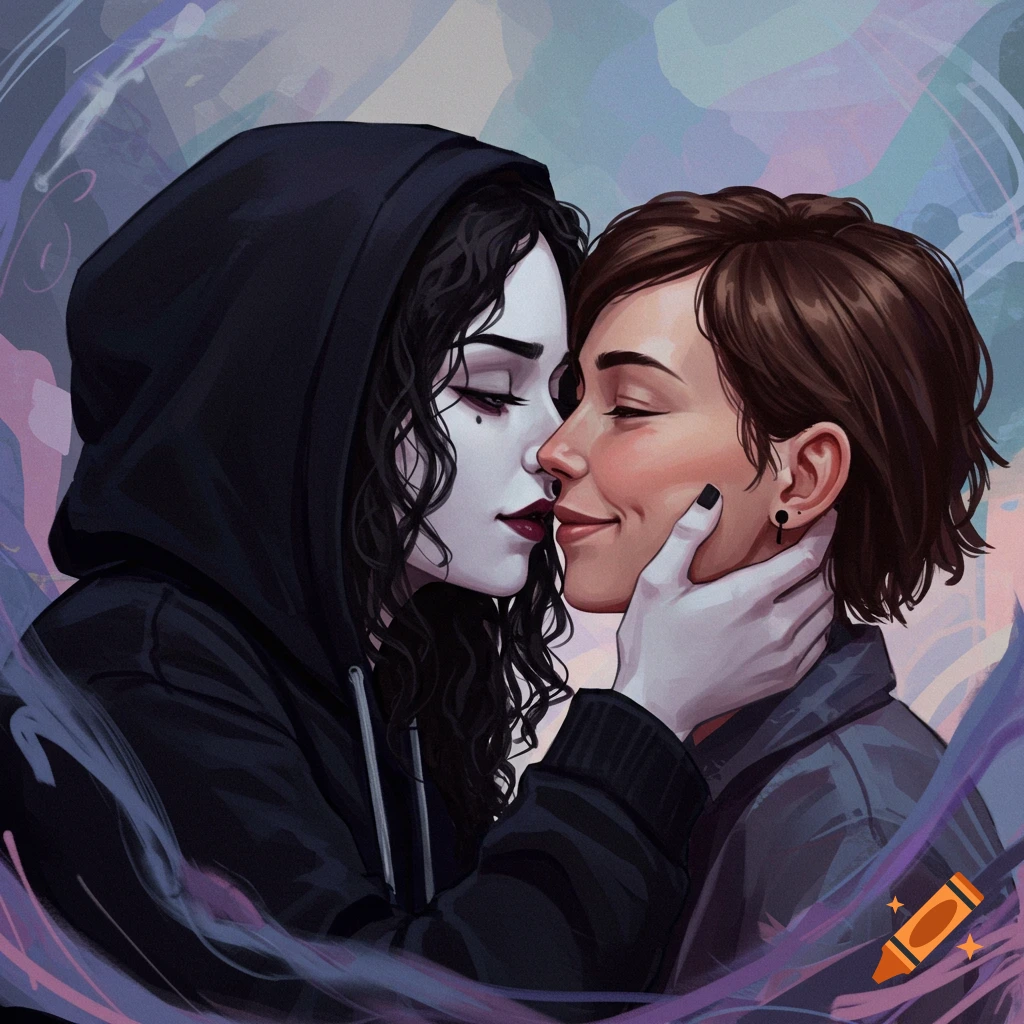 Two women kissing, one pale in a black hoodie, the other with short brown hair.
