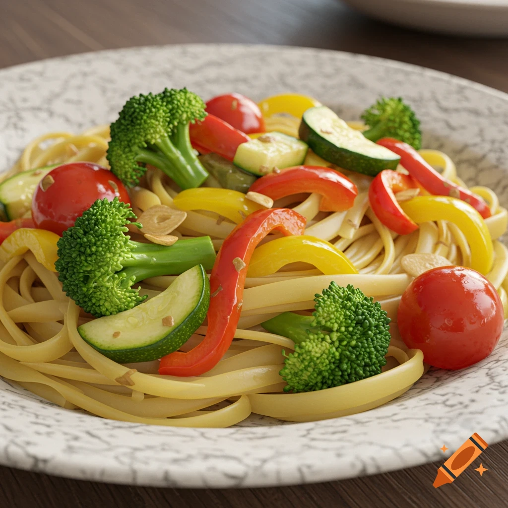 A close-up shot of pasta primavera with various colorful vegetables like broccoli, tomatoes, and peppers.