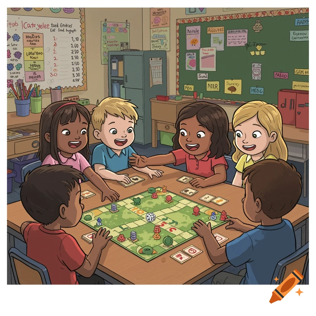 Cartoon illustration of diverse children playing a board game in a classroom.