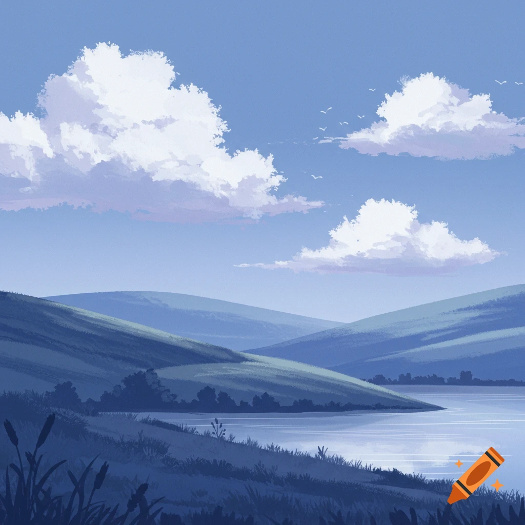 A peaceful blue landscape with rolling hills, a lake, and clouds in the sky.