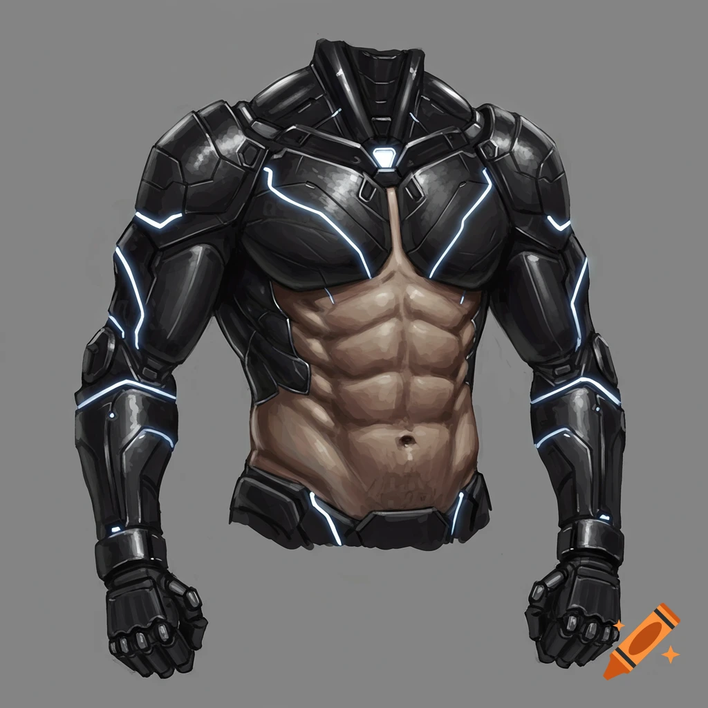 A torso wearing black sci-fi armor with glowing blue accents, showing exposed abdominal muscles.