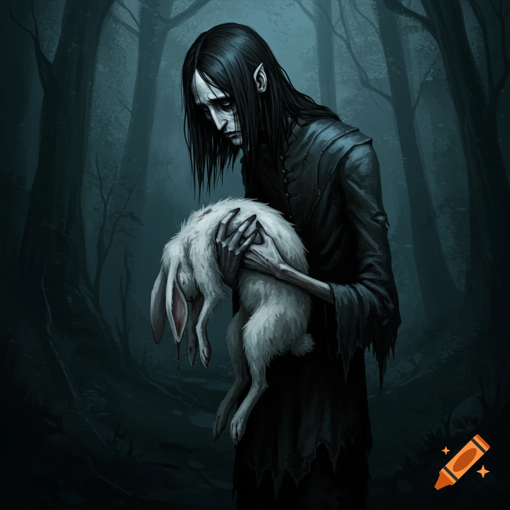 A gaunt figure holds a dead white rabbit in a dark forest.
