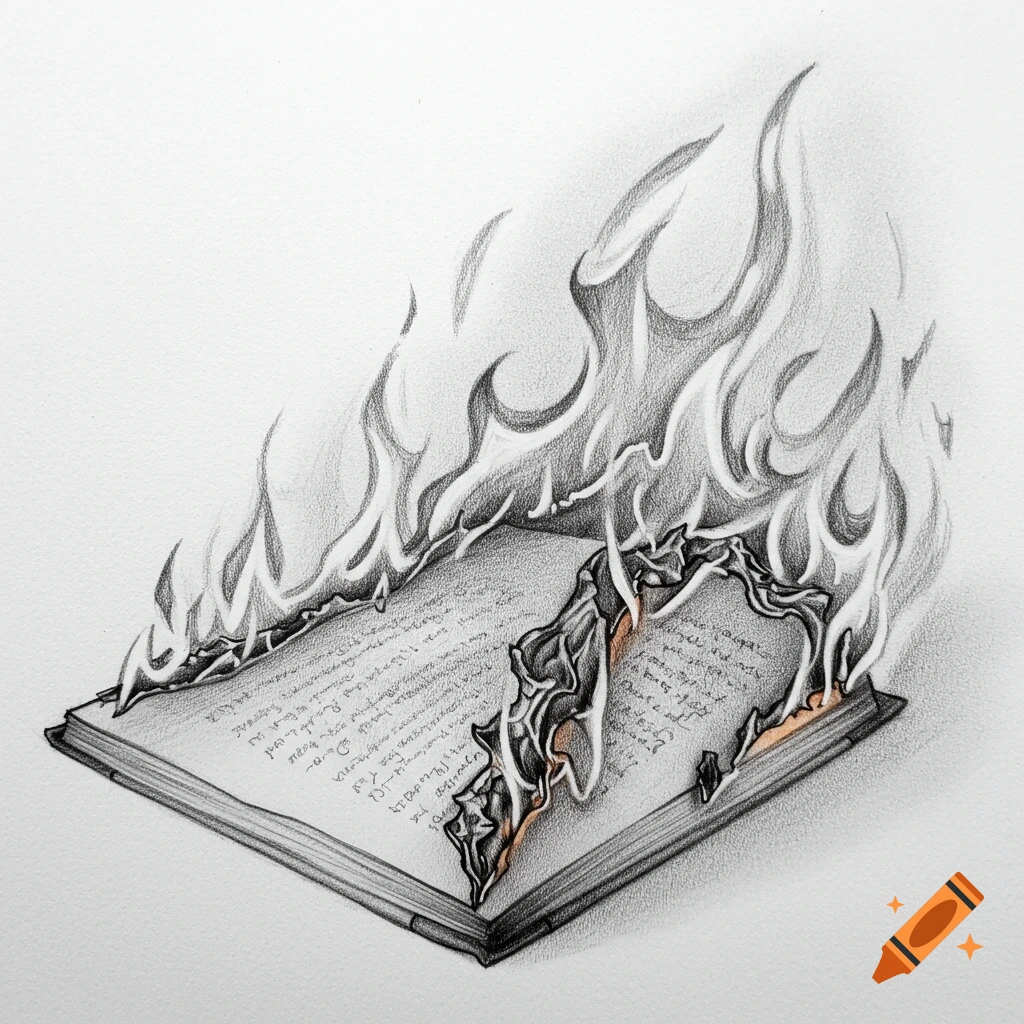 Pencil sketch of a book page burning.