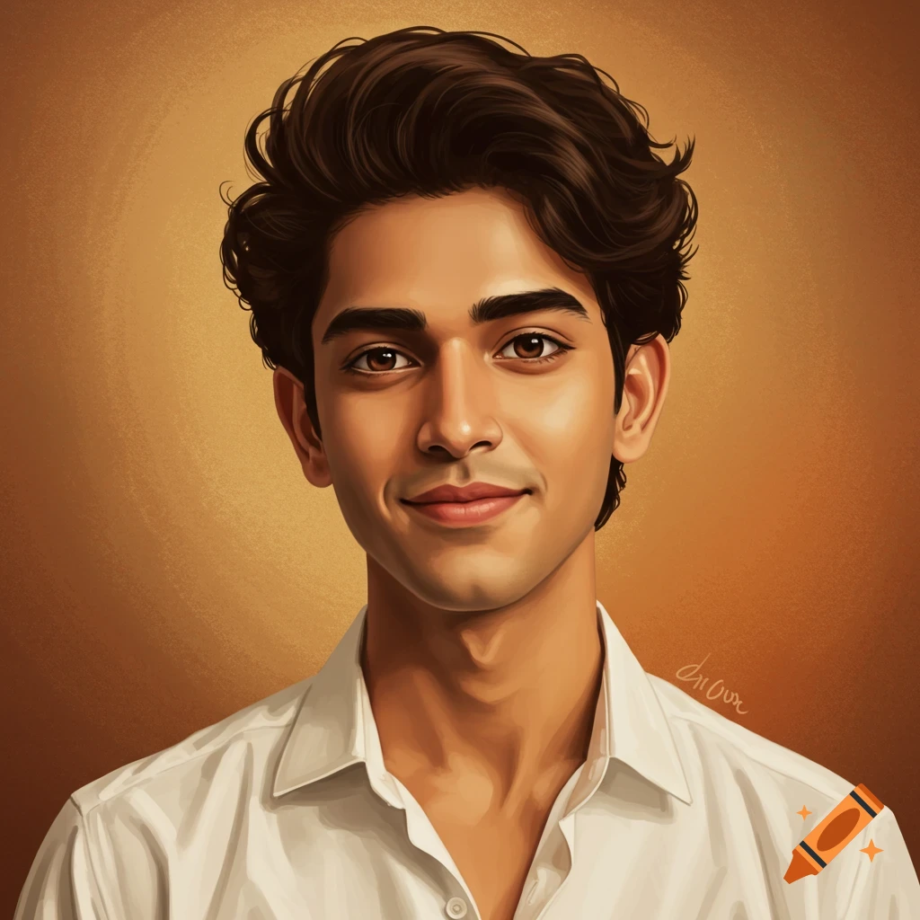 Portrait of a young man in a white shirt against a gold background.